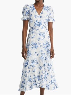 & Other Stories White and Blue Floral Wrap Midi Dress with Puff Sleeves